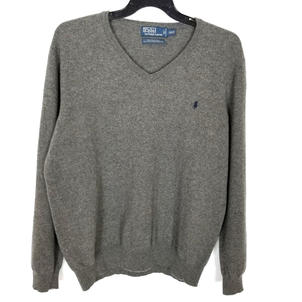 VTG Polo Ralph Lauren Men Merino Wool Sweater Pullover Sz 2XL Tall‎ Gray Preppy